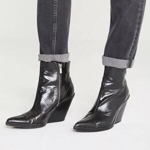 ZARA Black Leather Western Angled Heel Ankle Booties Size 41